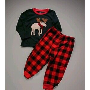 Carters Toddler Boy Clothes Fleece 2 Piece Pajama Set Moose & Plaid Size 2T EUC